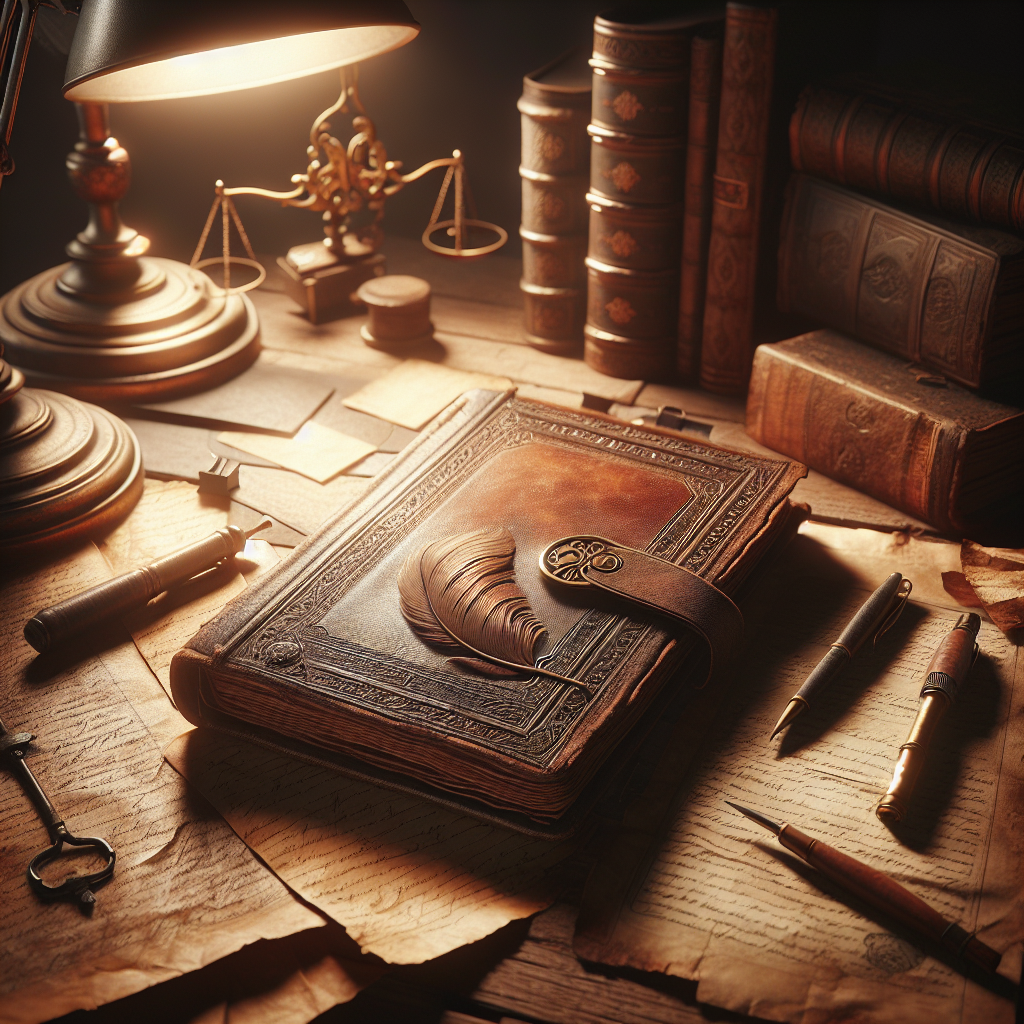 Old-style writing desk scene featuring an antique leather-bound book, quill and fountain pens resting on parchment papers.