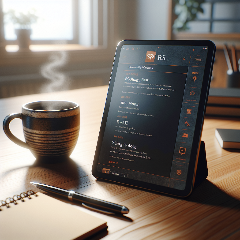 Tablet displaying text next to coffee