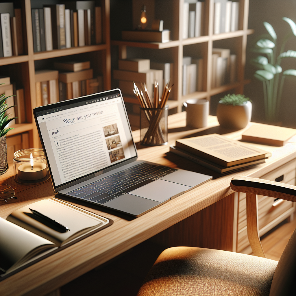 Cozy workspace with laptop and books