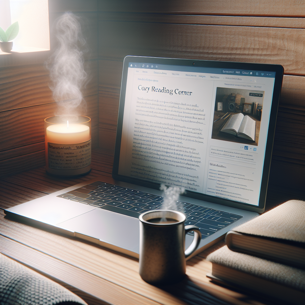 Cozy reading corner with laptop and coffee