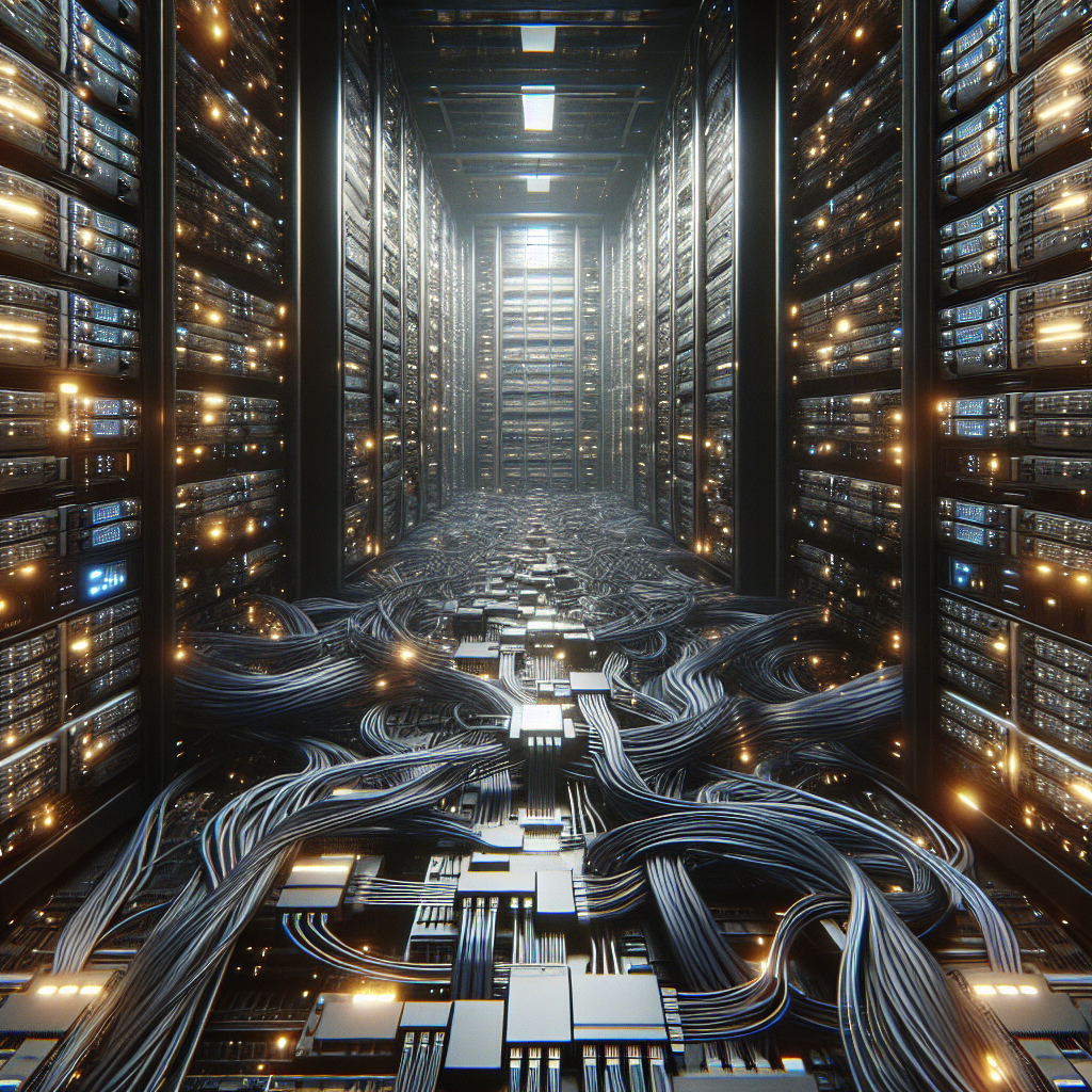 Futuristic data center with illuminated cables.