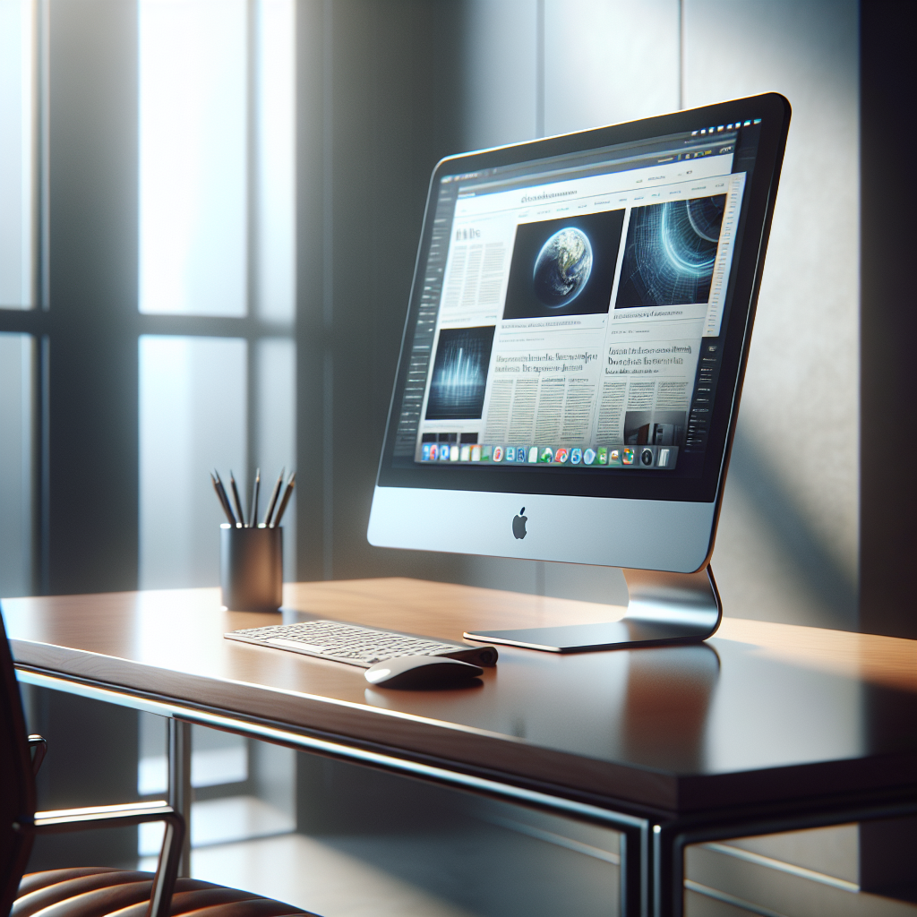 Desktop computer (iMac) displaying various webpage layouts and a space-themed image, with a pencil holder in the foreground.